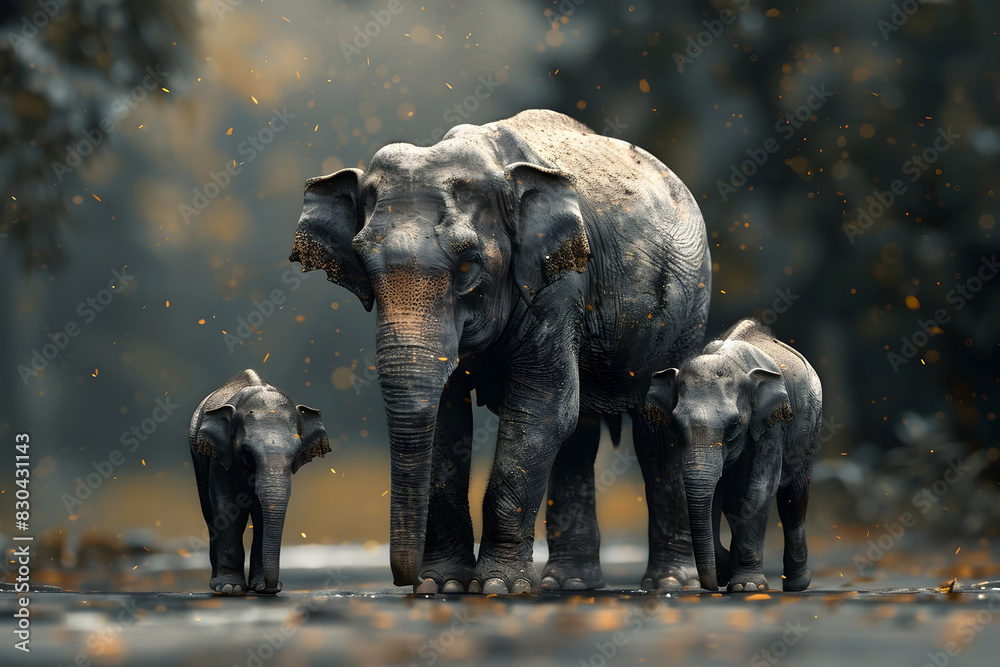 Naklejka premium Intimate Tableau of Thai Elephant Family's Interconnected Movements Captured in Cinematic Bullet Time Effect