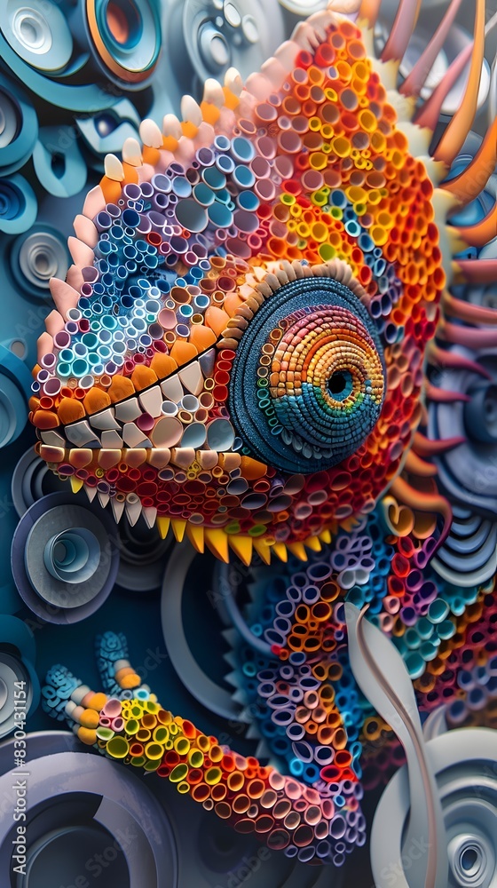 Naklejka premium Intricate Chameleon-Inspired Paper Collage with Layered Textures and Vibrant Kaleidoscopic Color Scheme