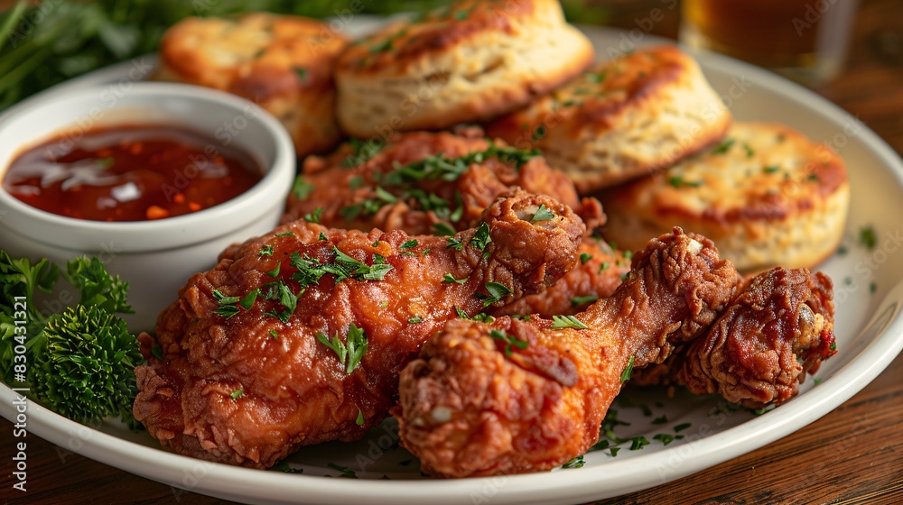crispy fried chicken meal with a garnish of fresh parsley crispy fried chicken meal with a garnish of fresh parsley