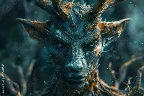 Majestic Anthropomorphic Creature with Striking Antlers and Rugged Skin in Magical Woodland Setting