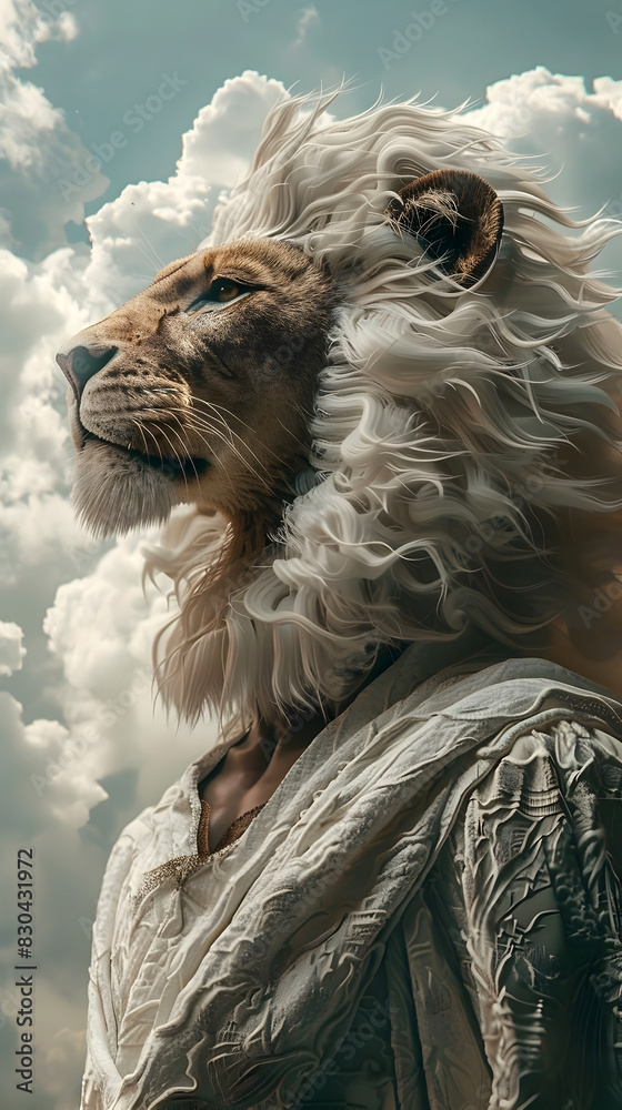 Majestic Lion-Human Hybrid Figure in Tranquil,Dreamlike Renaissance-Inspired Landscape