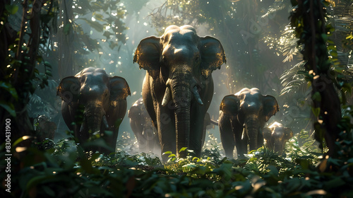 Majestic Herd of Thai Elephants Navigating the Verdant Forest in Slow Motion