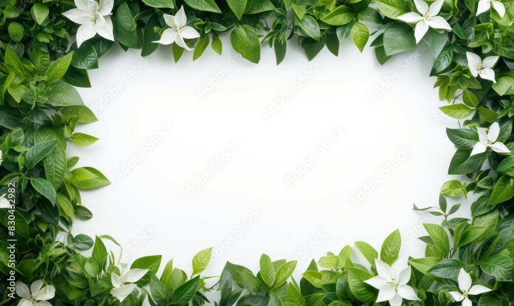 frame border of beautiful green leaves and white flowers with blank space for text frame border of beautiful green leaves and white flowers with blank space for text
