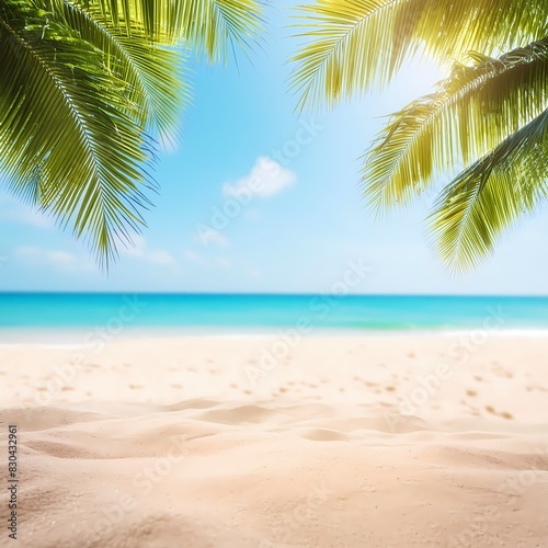 The beach view is comfortable and calming, you can see the sand and sea along with typical beach foliage. Tropical themes, wallpapers, templates, backgrounds, posters.