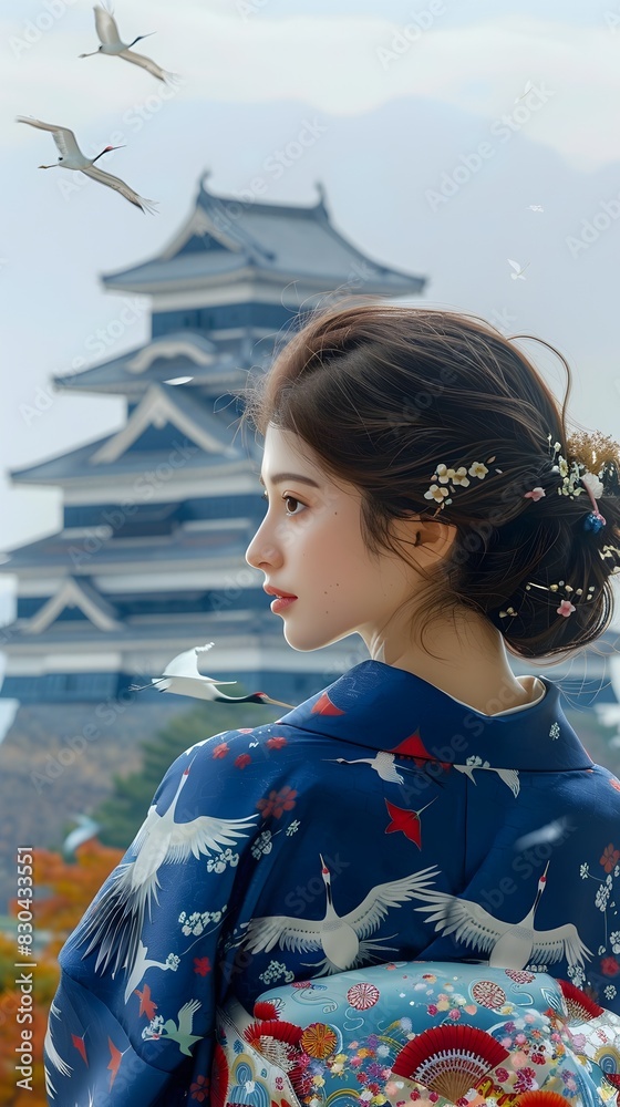 Poised Woman in Ornate Kimono Poses Before Majestic Japanese Castle with Pagoda-Style Architecture Poised Woman in Ornate Kimono Poses Before Majestic Japanese Castle with Pagoda-Style Architecture