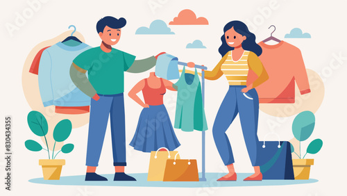 A young couple eagerly tries on unique pieces of clothing finding new additions to their wardrobe while reducing their environmental impact.. Vector illustration