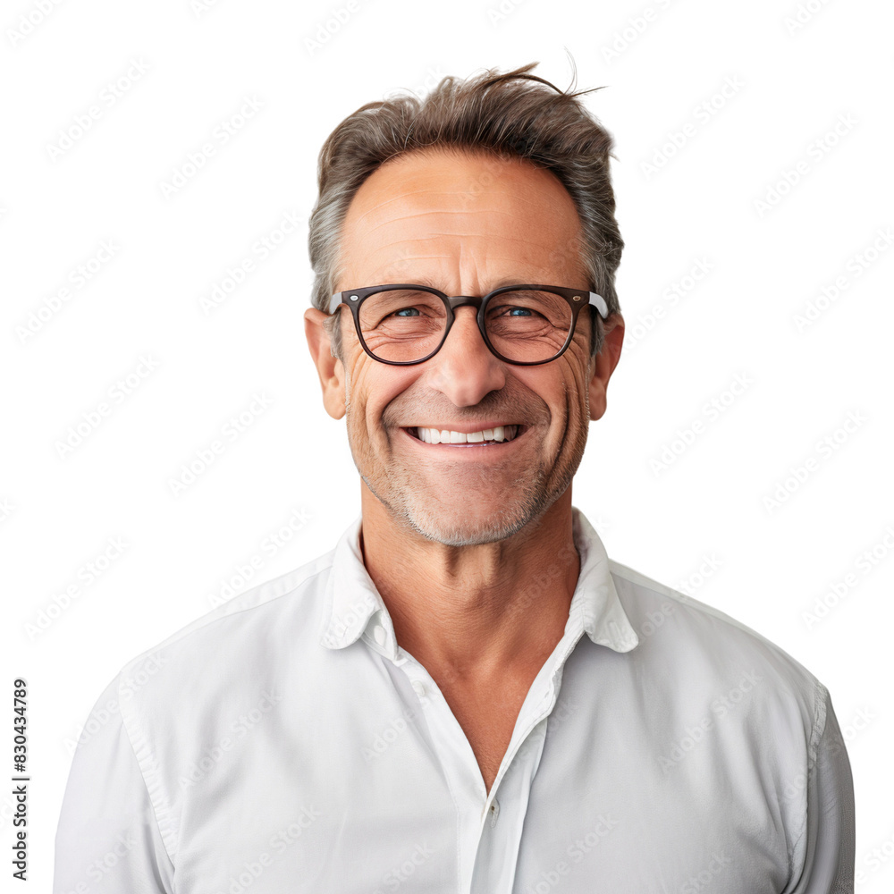 Cheerful smiling of middle age man wearing eyeglasses, isolated on transparent background Cheerful smiling of middle age man wearing eyeglasses, isolated on transparent background