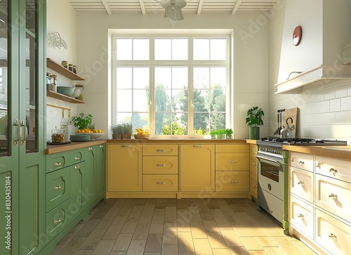 3D rendering of a bright kitchen interior with green and yellow cabinets, white walls, wooden floor, large window, and a stove on the right side