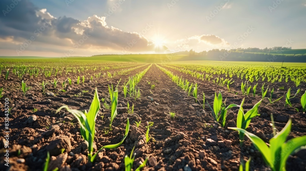 Springtime agricultural field with growing cereal crops Springtime agricultural field with growing cereal crops