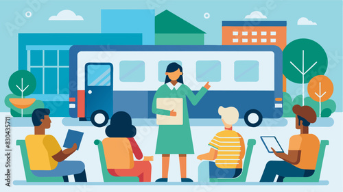 A workshop held at a local library teaches attendees about the benefits of using public transportation and how to advocate for more accessible and sustainable transportation. Vector illustration