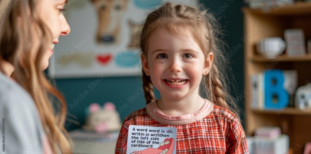 A child holds a card with an illustration of a dog to show his mouth to a therapist in an office during speech therapy on June 1, Children's Day. The focus is on their expressions and interactions as 