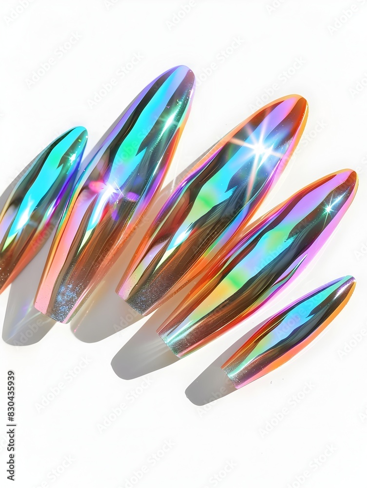 Holographic Nails Casting Mesmerizing Rainbow Hues on a Striking Abstract Backdrop
