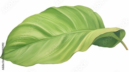 This is a digital painting of a leaf. The leaf is green and has a smooth surface. The leaf is slightly curled at the edges. The leaf is isolated on a white background. photo