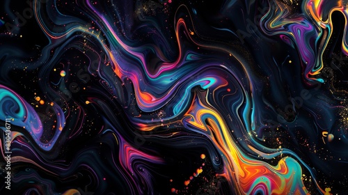 Psychedelic fluid, liquid, painting with orange and cyan abstract background. Black background