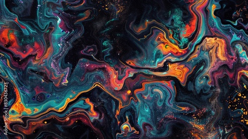 Psychedelic fluid, liquid, painting with orange and cyan abstract background. Black background