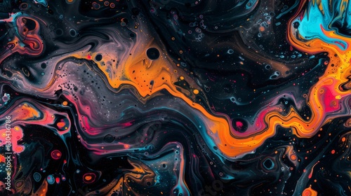 Psychedelic fluid, liquid, painting with orange and cyan abstract background. Black background