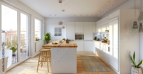 3D rendering of a modern kitchen with white cabinets and a wood countertop