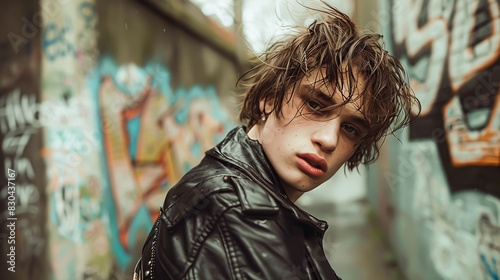 A moody portrait of a young person with messy hair and a distressed leather jacket, standing against a gritty, graffiti-covered alleyway