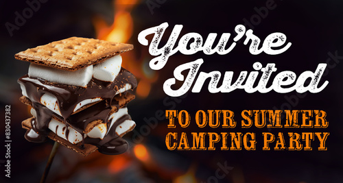 summer camping invite, smores with melted chocolate, marshmallows sandwiched between layers of graham crackers, over a campfire, summer time, camping, leisure, outdoors, food.