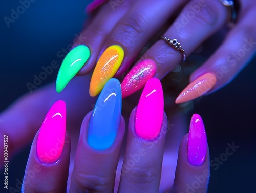 Vibrant Neon Nail Creations Glowing in the Blacklight