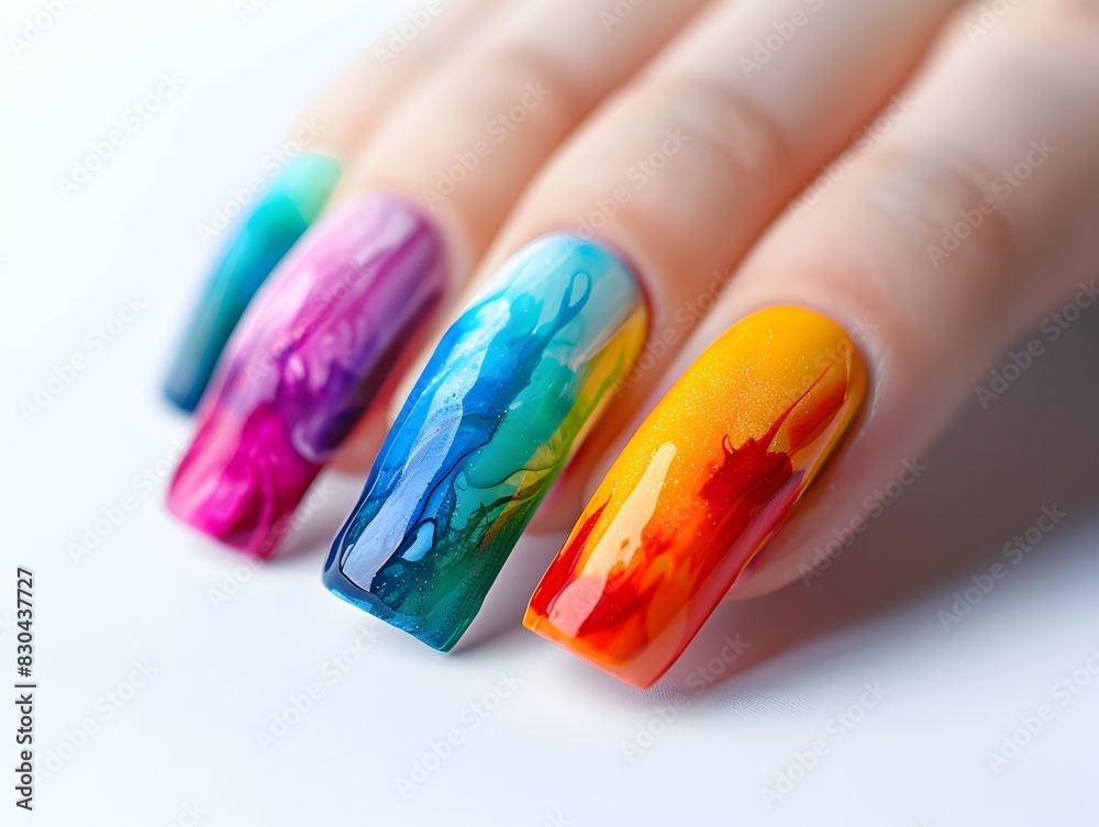 Obraz premium Vibrant Watercolor-Inspired Manicure on Feminine Hands Showcasing Creative Expression