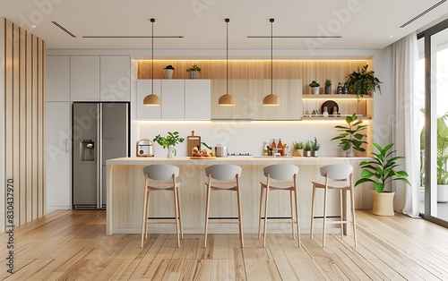 3D rendering of a modern kitchen interior with white cabinets  wooden floor and a bar counter on the right side