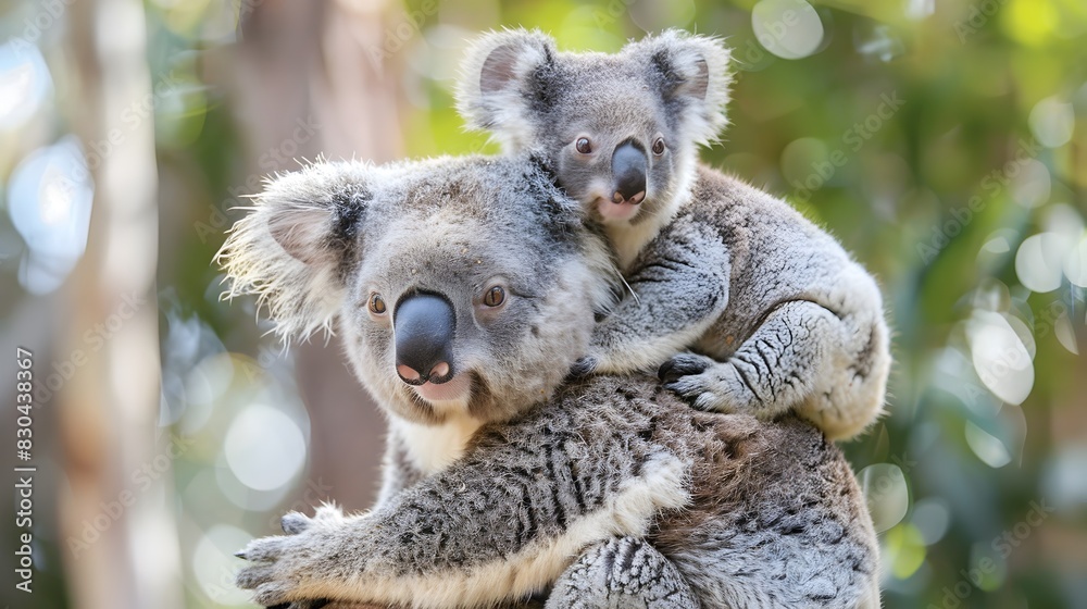 Fototapeta premium A Mother's Devotion: Koala and Joey Climb a Eucalyptus Tree