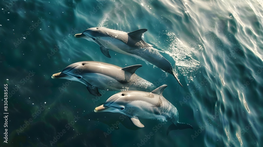 Fototapeta premium Baby Dolphin Mimics Mother's Fluid Movements in a Family Swim Through the Ocean Depths