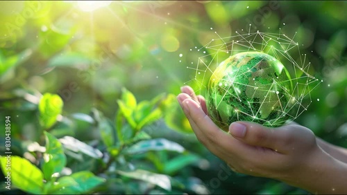 World nature conservation day and environment day concept. Hands holding glass globe world In green forest with warm sunlight. Environmet background. Environmental awareness. Biodiversity. 4K Videos photo