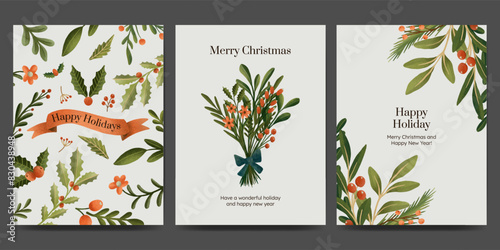 Holiday greetings card with Christmas bouquet, floral, winter plant and nature ornament. modern style.
