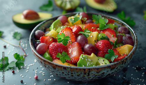 A bowl of fruit salad with avocado and strawberries. Generative AI