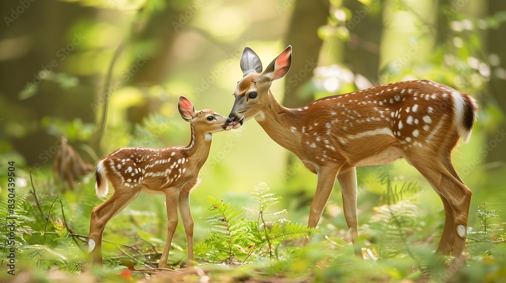 Doe Grooming Fawn in a Secluded Forest Clearing: A Scene of Pure Maternal Love and Nature's Serenity Doe Grooming Fawn in a Secluded Forest Clearing: A Scene of Pure Maternal Love and Nature's Serenity