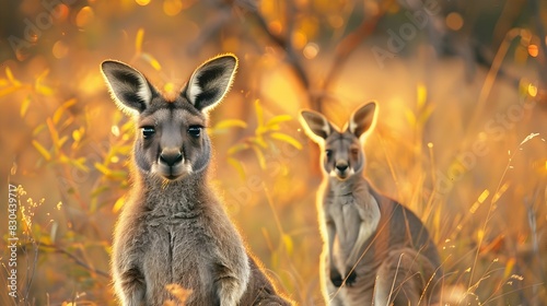 Motherly Love in the Australian Outback: Kangaroo and Joey at Sunset photo