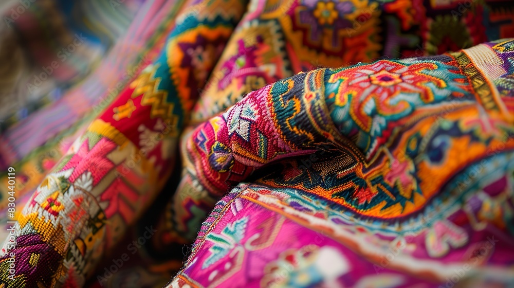 A close-up of a colorful and intricately patterned piece of traditional textile. A close-up of a colorful and intricately patterned piece of traditional textile.