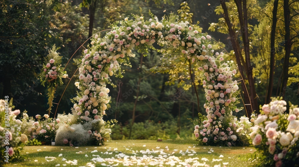Obraz premium Romance and elegance with a stunning floral arch placed in front of the backdrop and dining table. To create a focal point for celebrating love.