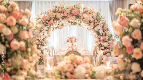 Romance and elegance with a stunning floral arch placed in front of the backdrop and dining table. To create a focal point for celebrating love.