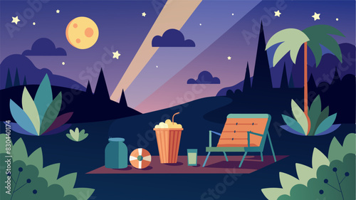 A gentle breeze carries the scent of freshly grass enhancing the tranquil and laidback atmosphere of the outdoor movie night.. Vector illustration