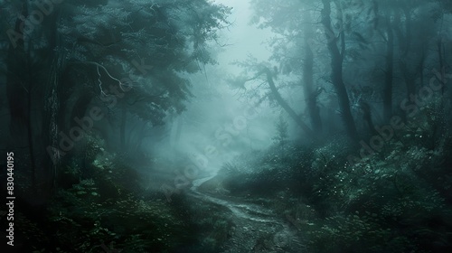 A winding forest path shrouded in mist.
