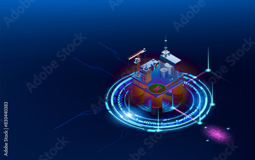 Offshore oil rig 3d isometric concept with Jack up rig, tanker and Semi submersibles. Vector illustration eps10