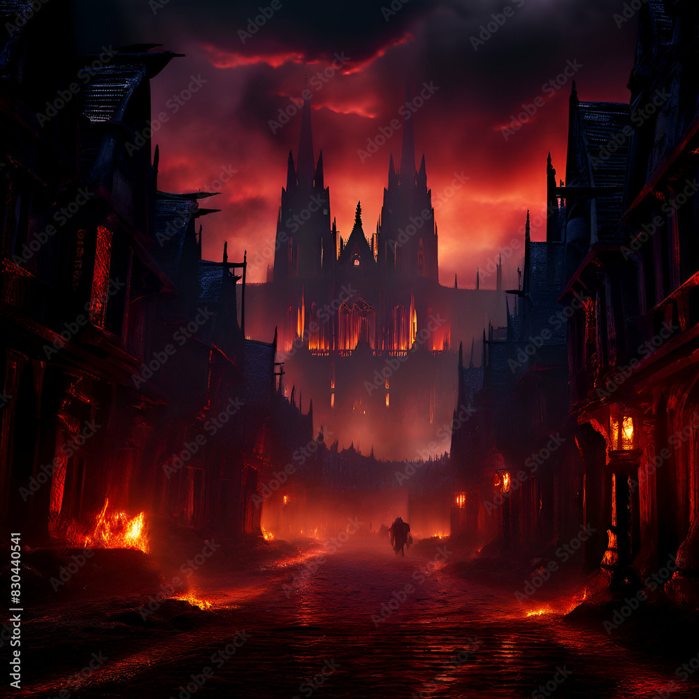 medieval urban street bathed in the ominous glow of a red night sky. medieval urban street bathed in the ominous glow of a red night sky.