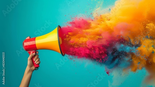 A colorful explosion emits from a megaphone held by a hand against a vibrant blue background, representing creativity and expression.