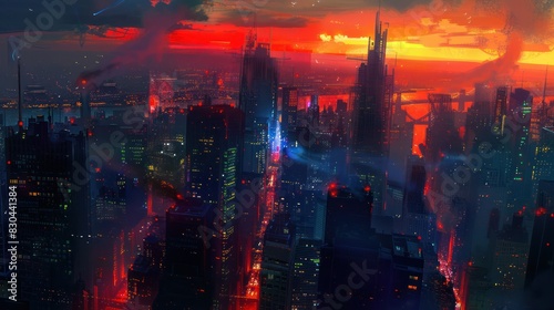 As the last rays of sunlight fade into the horizon, the city below awakens with a kaleidoscope of colors, its towering skyscrapers casting long shadows across the landscape. photo