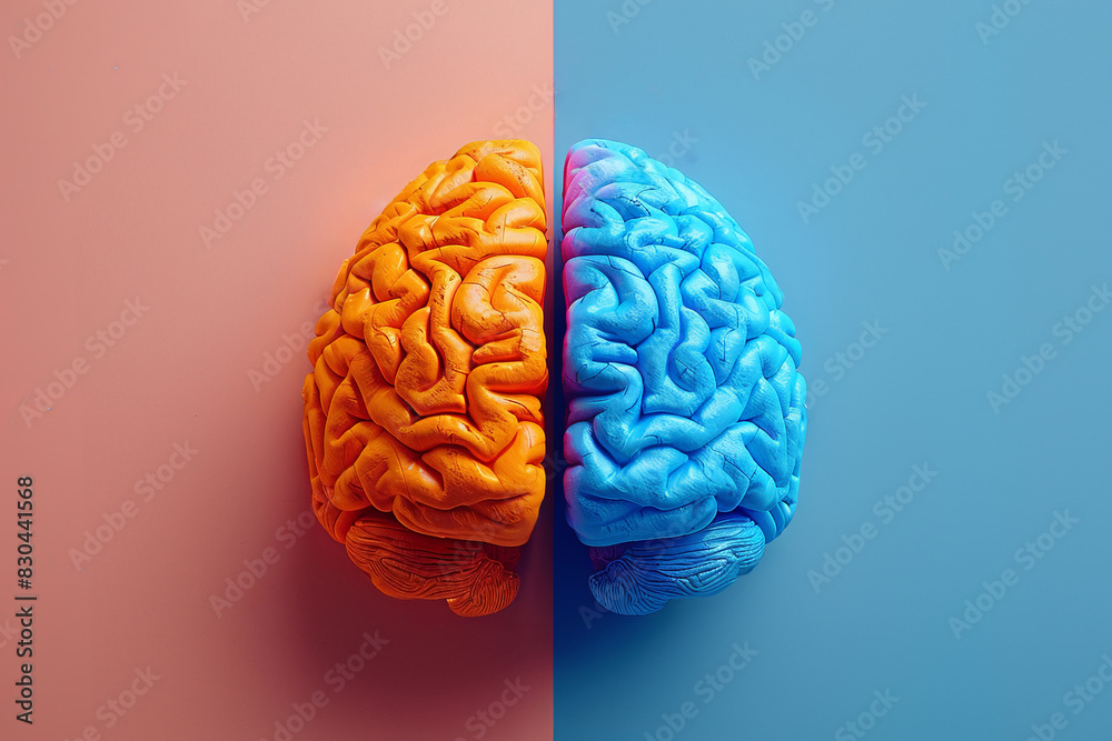 3D illustration of a brain split in two colors, orange and blue, on a blue and pink background. 3D illustration of a brain split in two colors, orange and blue, on a blue and pink background.