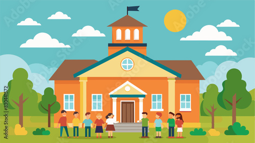 At the former town hall now a community center the guide describes its past role as a gathering place for town meetings and celebrations.. Vector illustration
