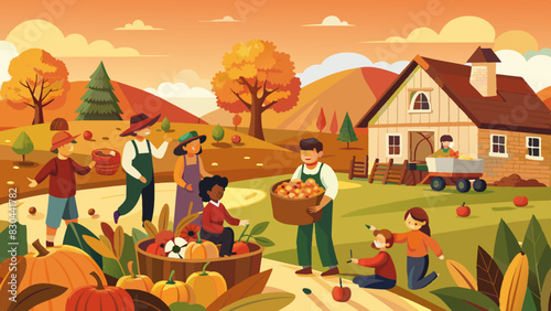 Autumn Harvest Scene with Happy People Gathering Apples and Pumpkins