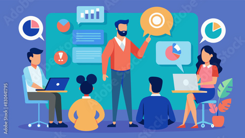 A seminar on modern workplace skills teaching attendees about communication time management and team building in todays job market.. Vector illustration