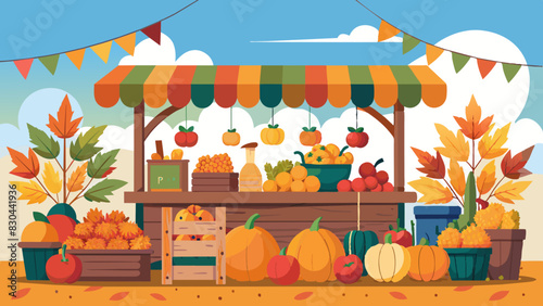 Colorful Autumn Farmers Market Stand with Pumpkins and Produce