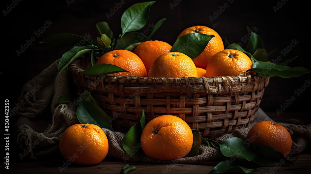 Fresh Orange Fruits in a bamboo basket with blur background Fresh Orange Fruits in a bamboo basket with blur background