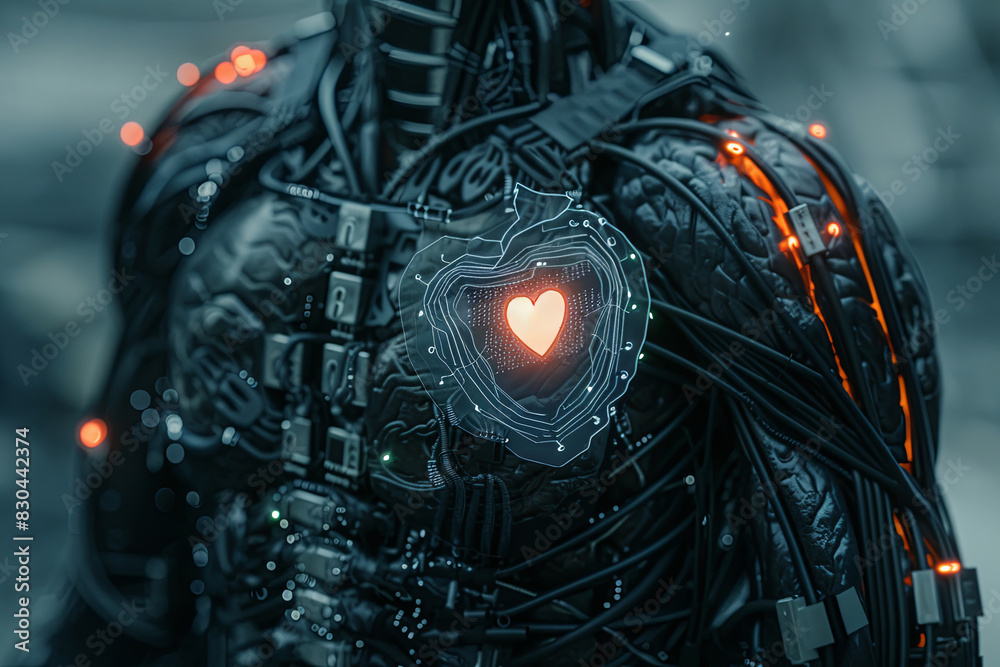 Fototapeta premium The image is a dark, close-up shot of a cyborg's chest. The cyborg's heart is glowing red and there are wires and other mechanical parts visible.