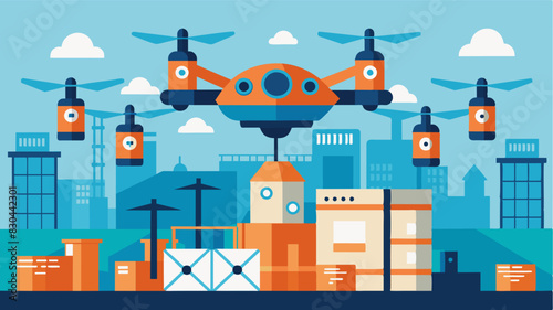 An eVTOL hovers above a network of automated robots and drones in a tingedge factory keeping up with the rapid pace of production.. Vector illustration